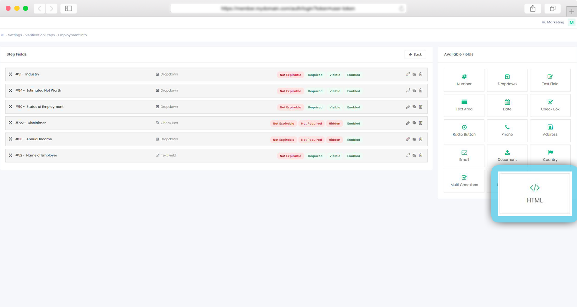 We added Custom HTML type on verification steps 3