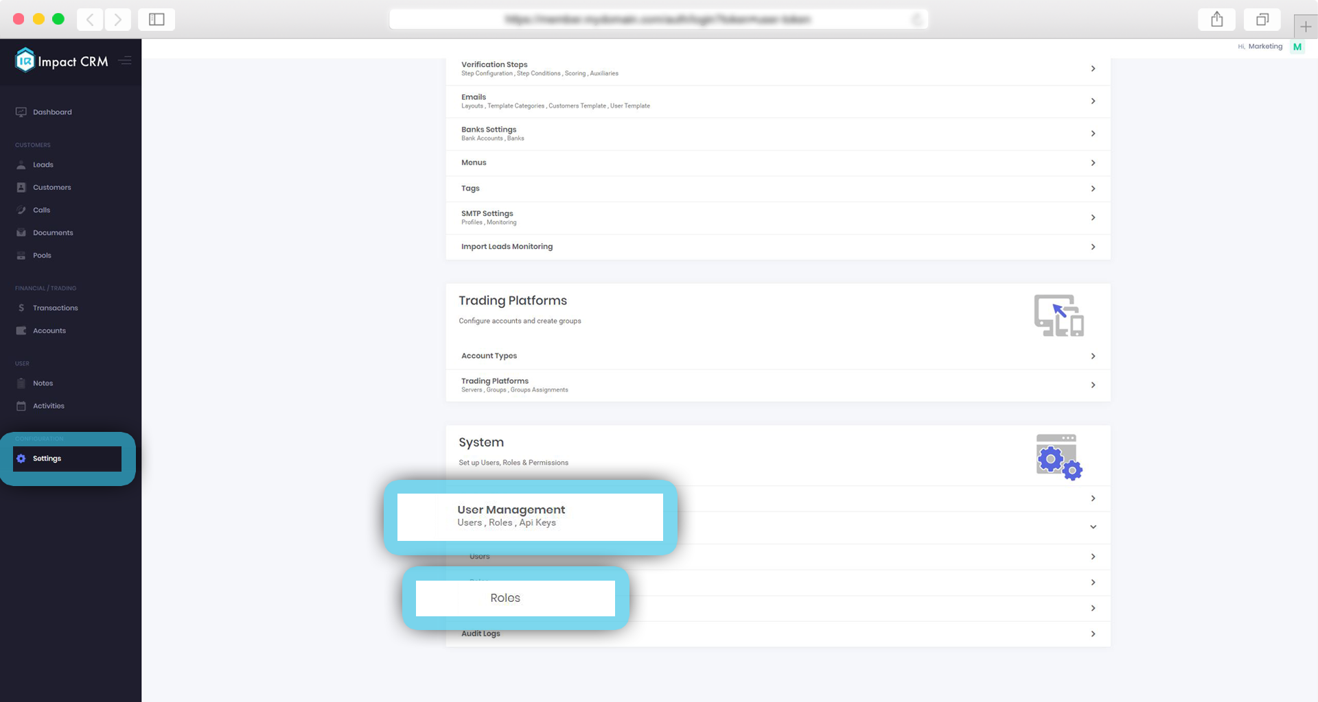 Settings roles